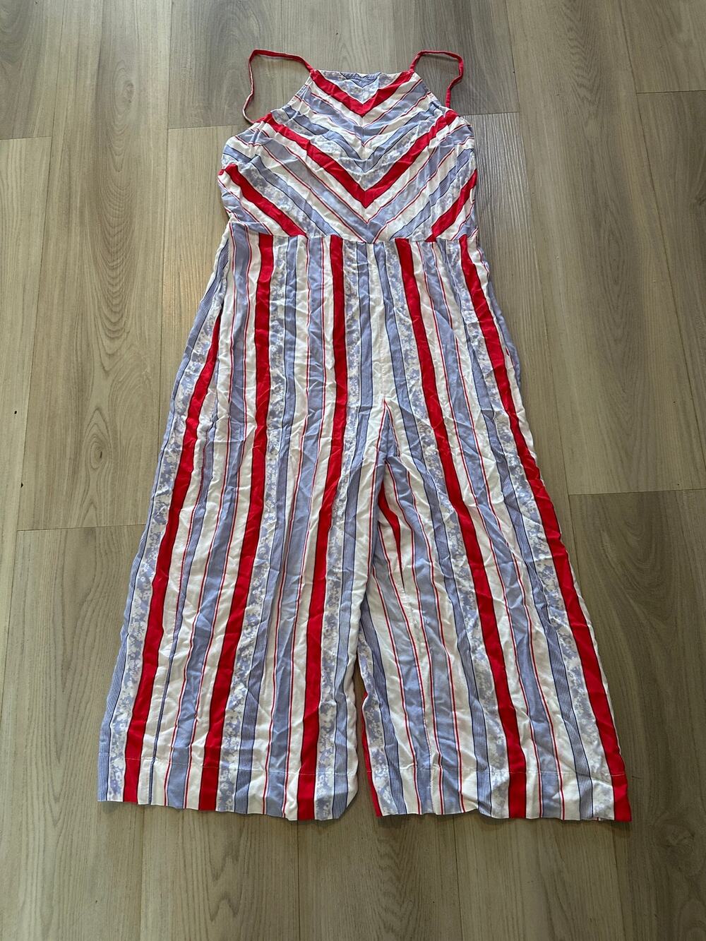Express Striped Wide Leg Jumpsuit Size 12 Red White Blue Halter Neck Culotte